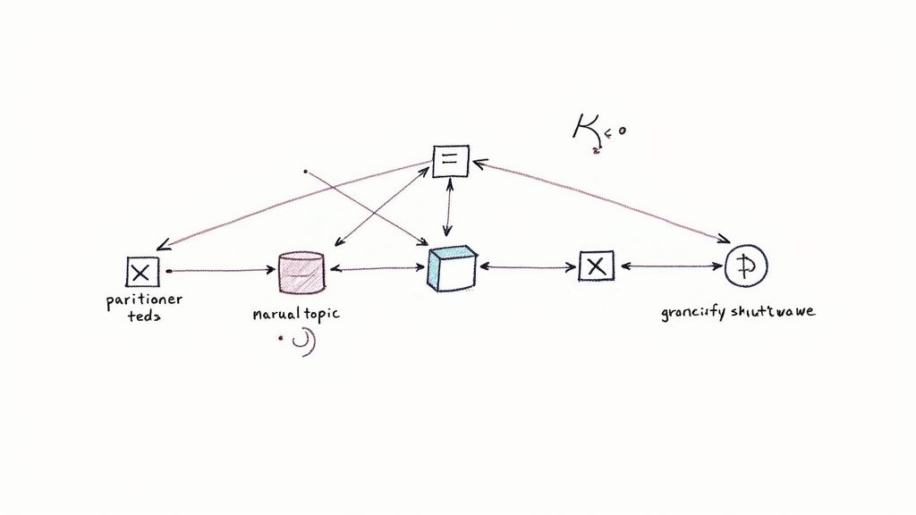 A handwritten diagram illustrates a data flow system with a partitioner, manual topic, and processing steps.
