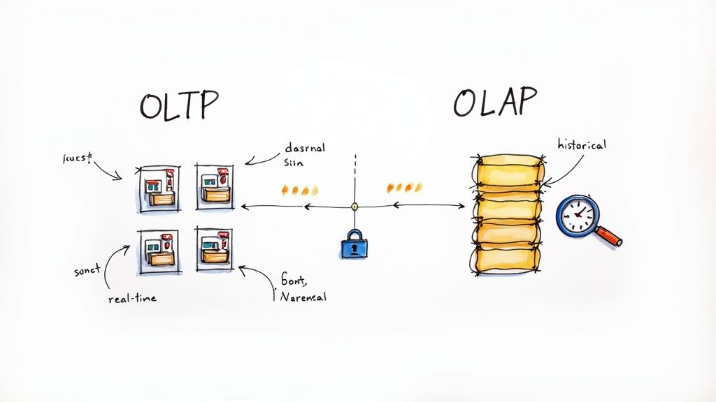 Diagram illustrating OLTP for real-time transaction processing versus OLAP for historical data analysis.