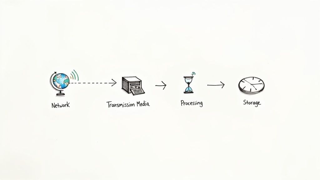 A diagram illustrating the four stages of data latency: Network, Transmission Media, Processing, and Storage.