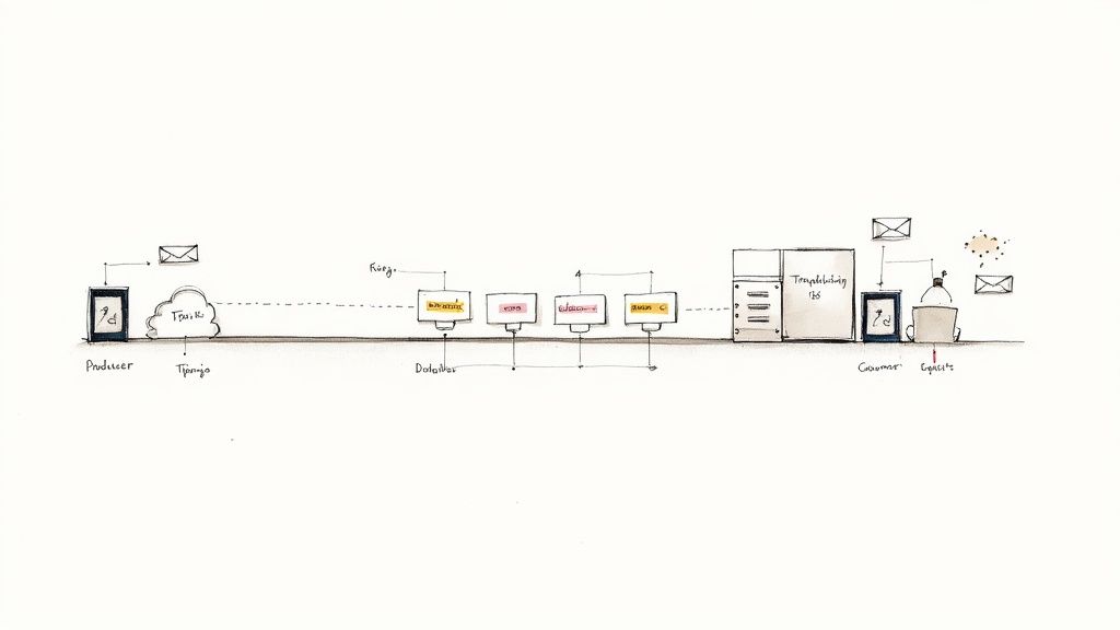 A hand-drawn diagram illustrating a data flow pipeline with producers, topics, distributors, and consumers.