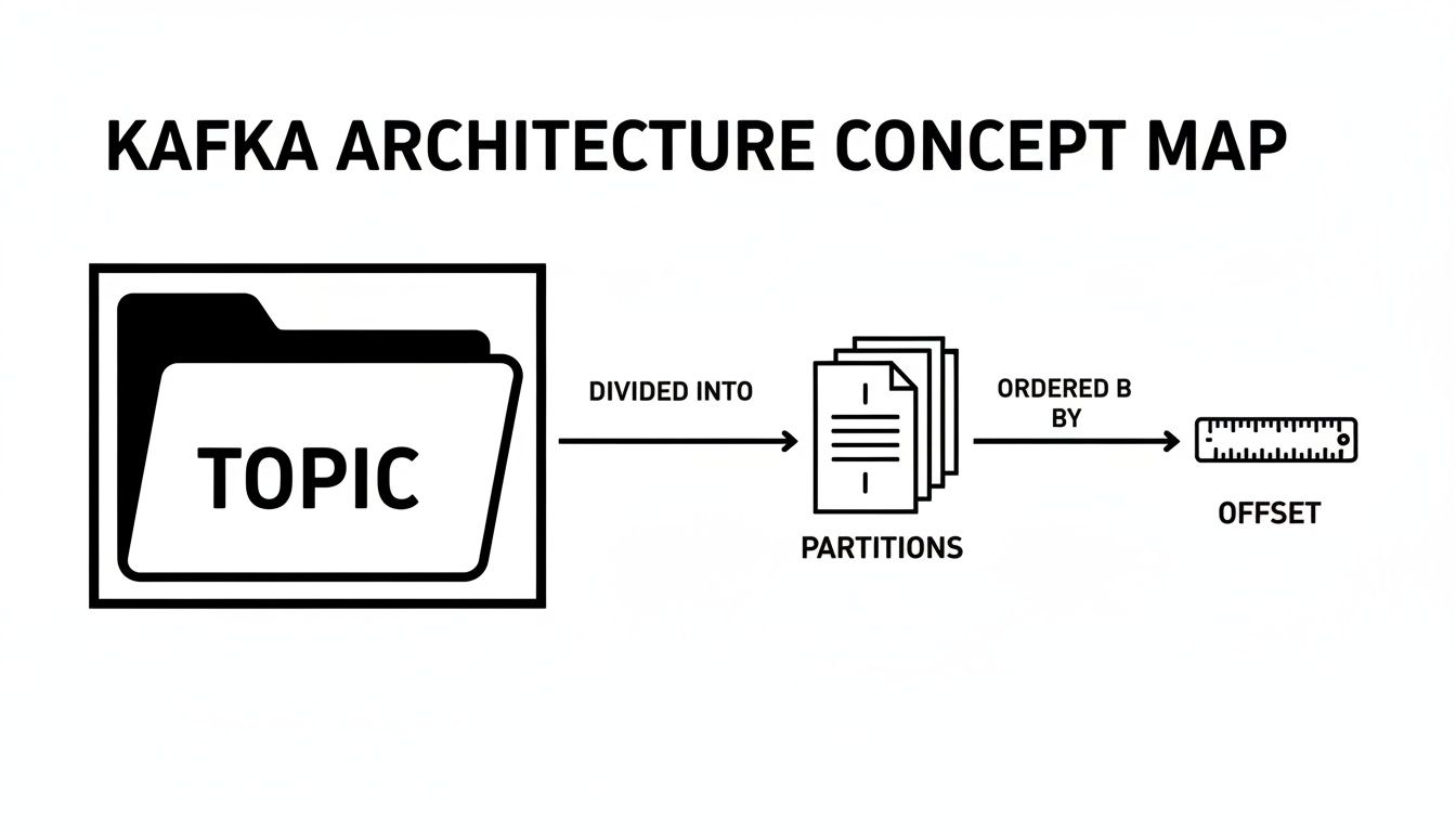 A concept map illustrating Kafka architecture, showing topics divided into ordered partitions by offset.