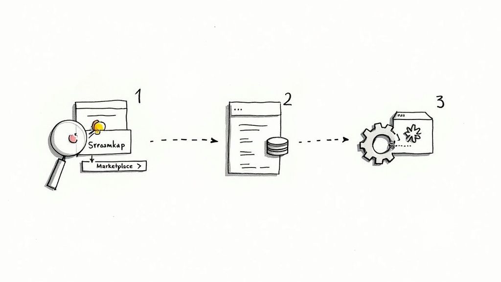 Diagram illustrating a three-step integration process involving Streamkap, data, and Snowflake Marketplace.
