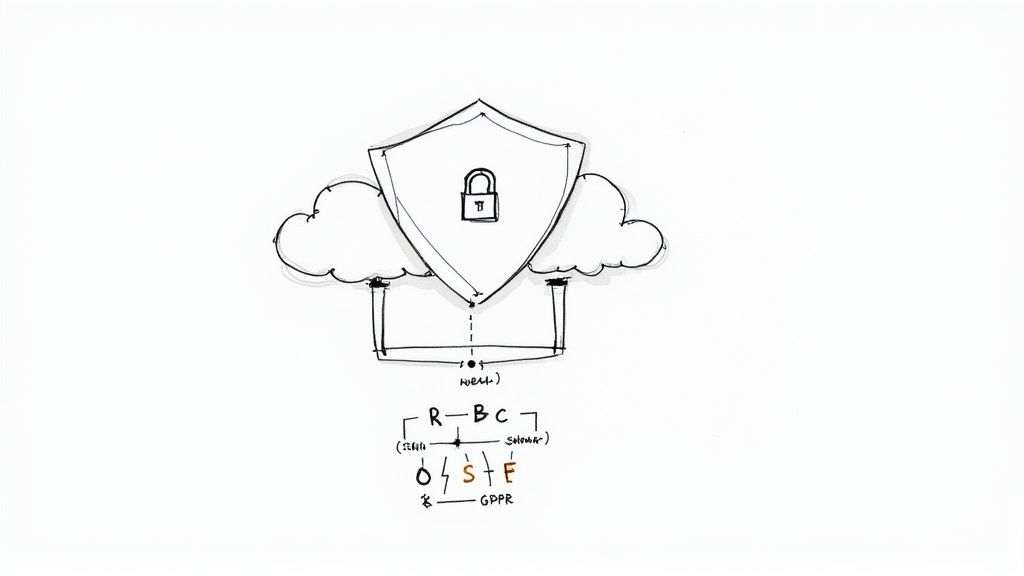 A sketch illustrating cloud data security and privacy with a shield, padlock, and compliance acronyms.