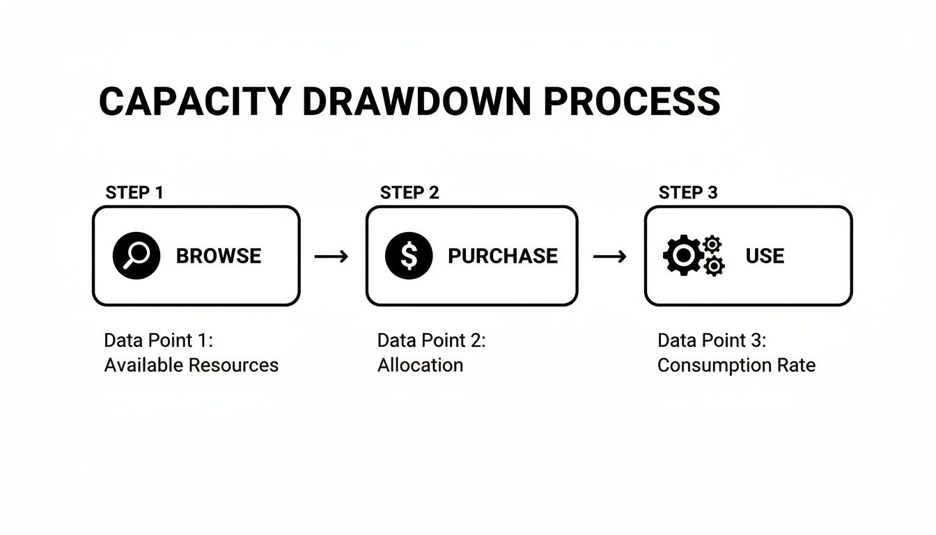 Flowchart illustrating the capacity drawdown process with steps: browse, purchase, and use, along with data points.