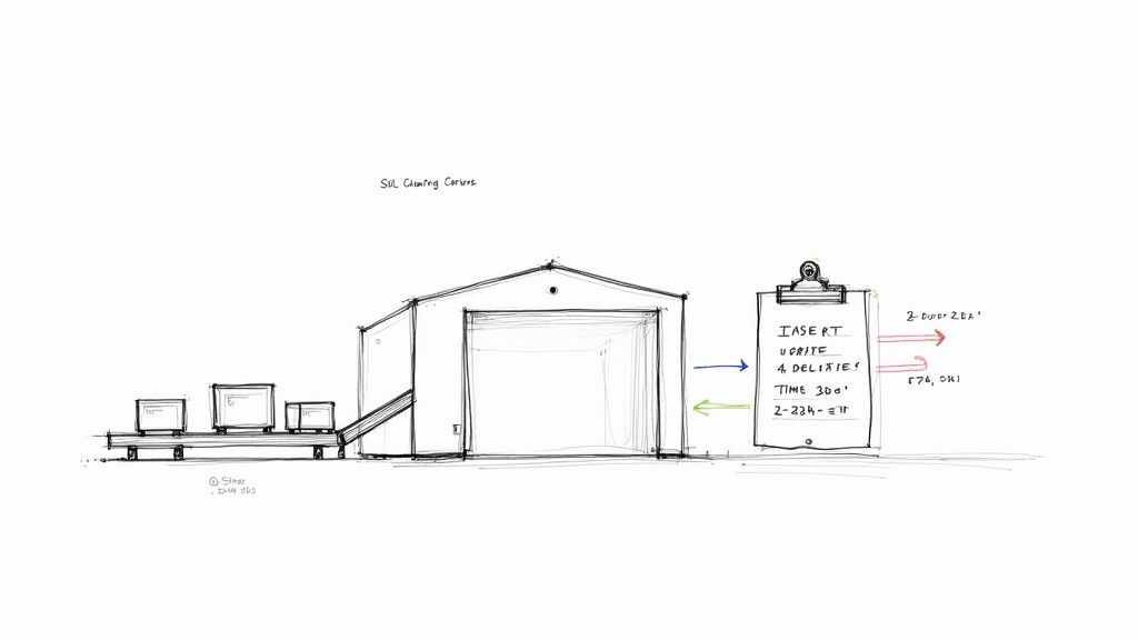 Hand-drawn sketch illustrating data change capture in a SQL server with insert and update operations.