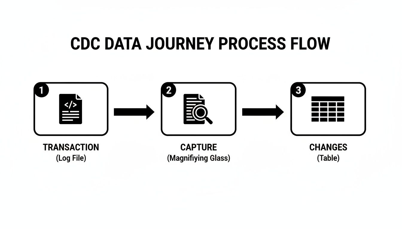 A flowchart illustrates the CDC data journey process: Transaction (Log File) to Capture (Magnifying Glass) to Changes (Table).