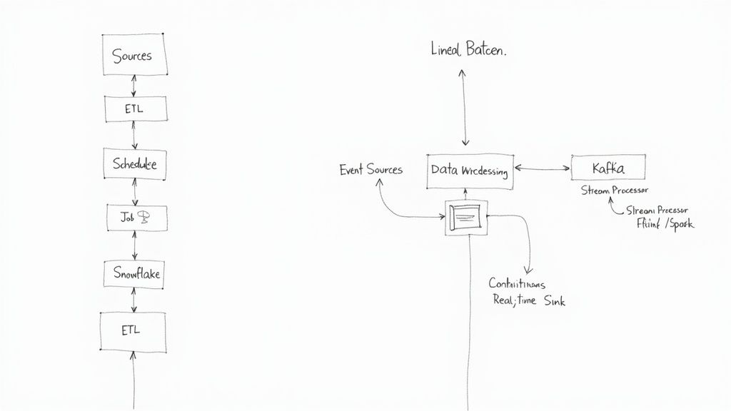 Diagram comparing a batch data processing pipeline with a real-time stream processing architecture.