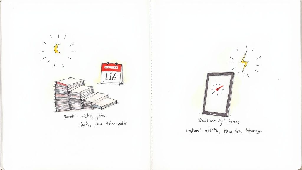 A diagram comparing batch processing (nightly jobs, low throughput) with real-time processing (instant alerts, low latency).