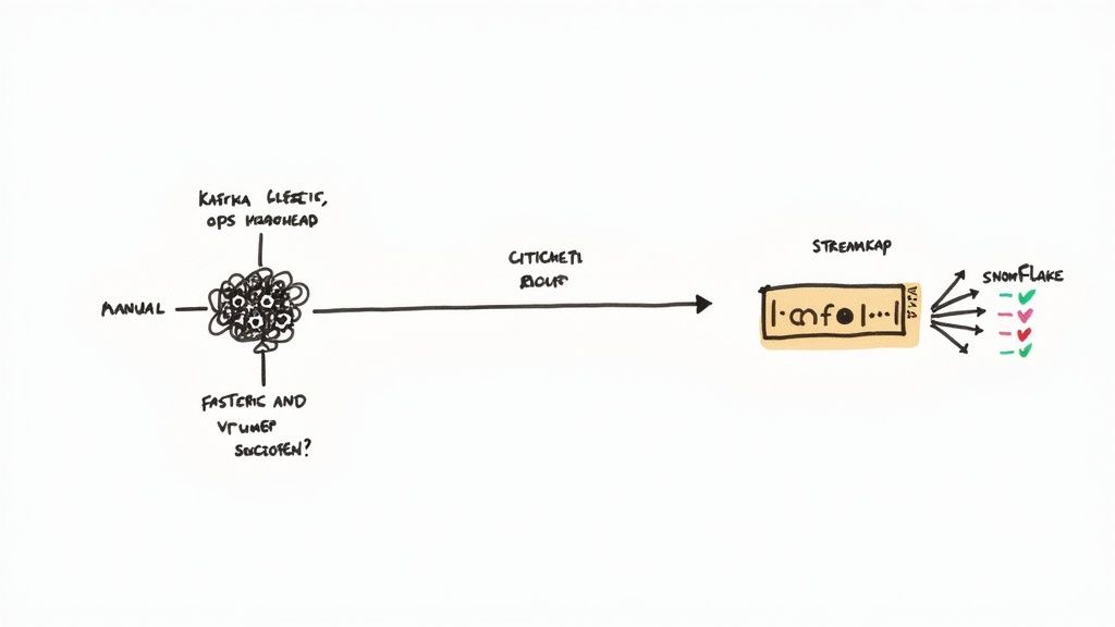 Diagram showing messy, manual data inputs transitioning to a clean Streamkap data pipeline leading to Snowflake.