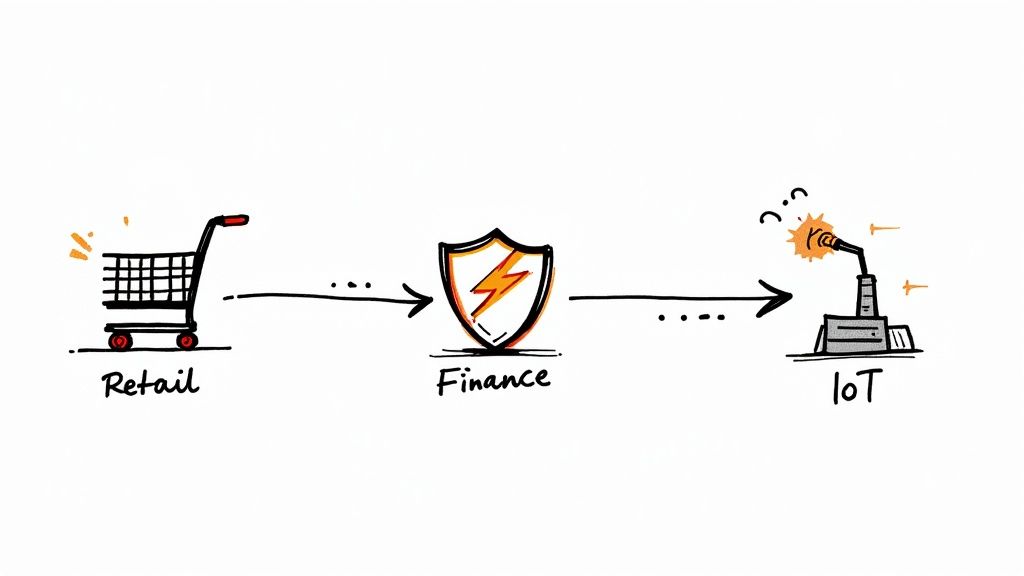 A diagram illustrates data flow from retail, through secure finance, to an IoT factory.