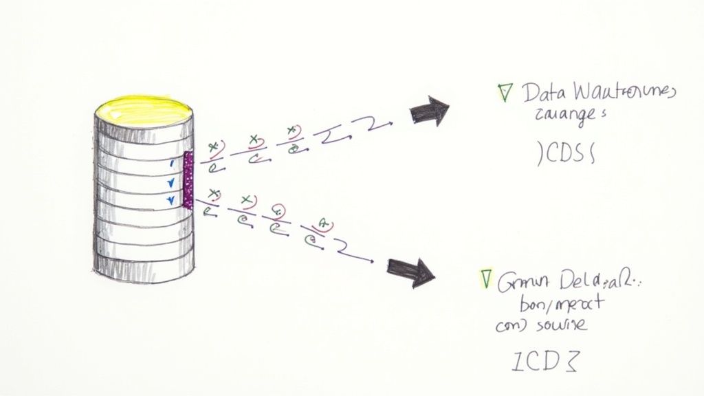 A hand-drawn diagram illustrates data flowing from a cylindrical storage through processing steps to two distinct outputs.