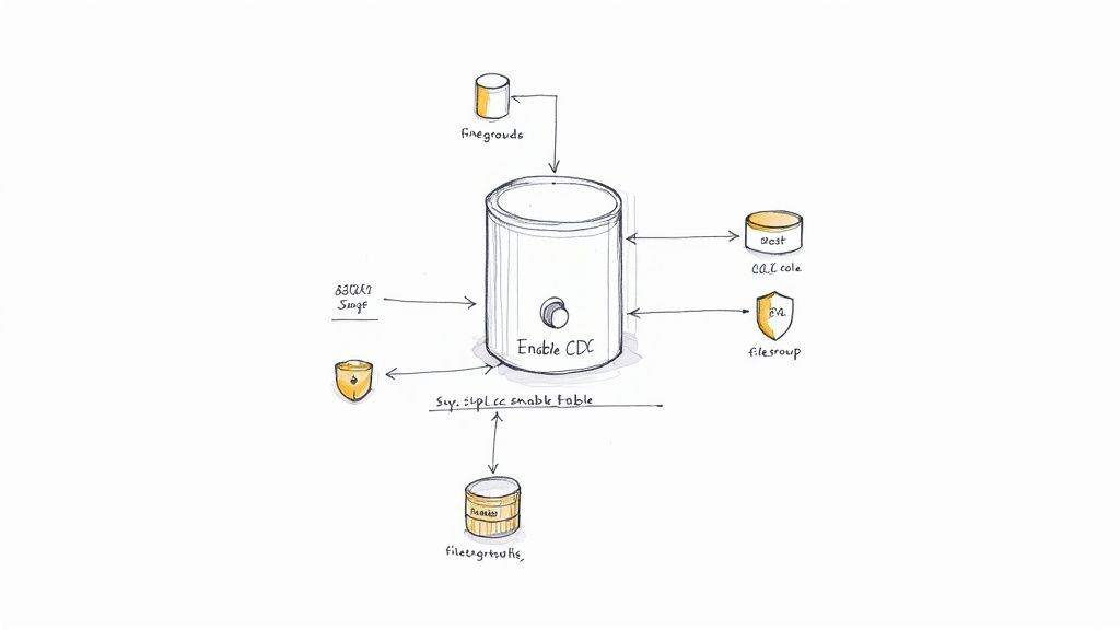 Diagram illustrating the process of enabling Change Data Capture (CDC) with various database components.