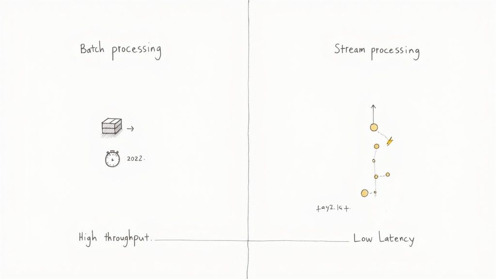 A handwritten diagram contrasting batch processing (high throughput, processed in batches) and stream processing (low latency, continuous flow).