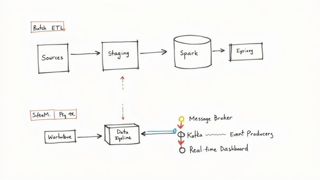 A data processing architecture diagram illustrating both batch ETL and real-time streaming pipelines.