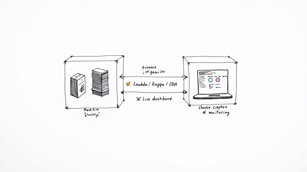 A hand-drawn diagram illustrating a data processing architecture with data sources, Lambda/Kappa framework, and a live dashboard.