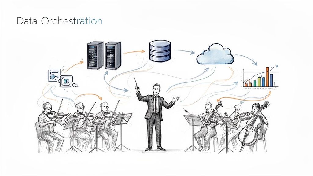 A conductor directs an orchestra, symbolizing data orchestration with servers, database, cloud, and analytics.