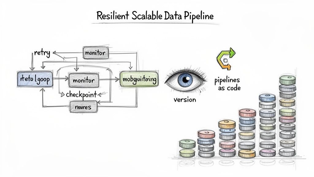 A hand-drawn diagram illustrating a resilient and scalable data pipeline with monitoring, versioning, and growth.