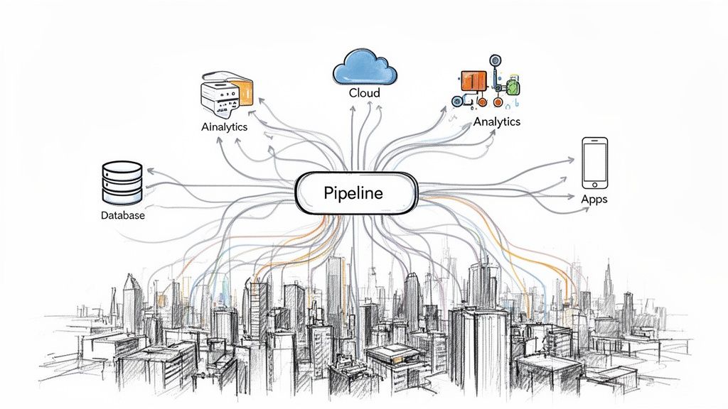 A data pipeline diagram connecting databases, cloud, analytics, and mobile apps to a cityscape.