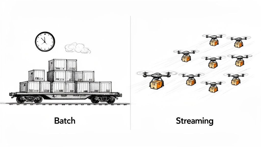 Illustration showing batch data processing with a train full of containers versus streaming with many drones delivering packages.