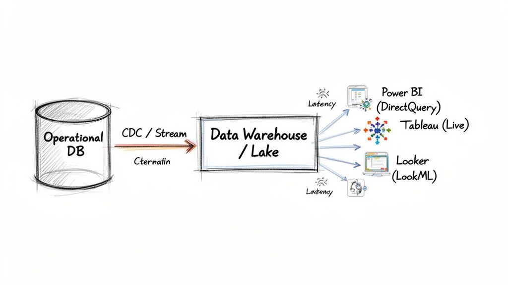 Data architecture diagram showing data flow from operational database to data warehouse/lake and various BI tools.