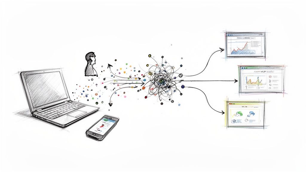 User, laptop, and phone input data into a complex system, producing diverse outputs on screens.