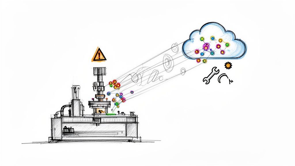 Industrial machine sending data to a cloud system for analysis and maintenance with tools.