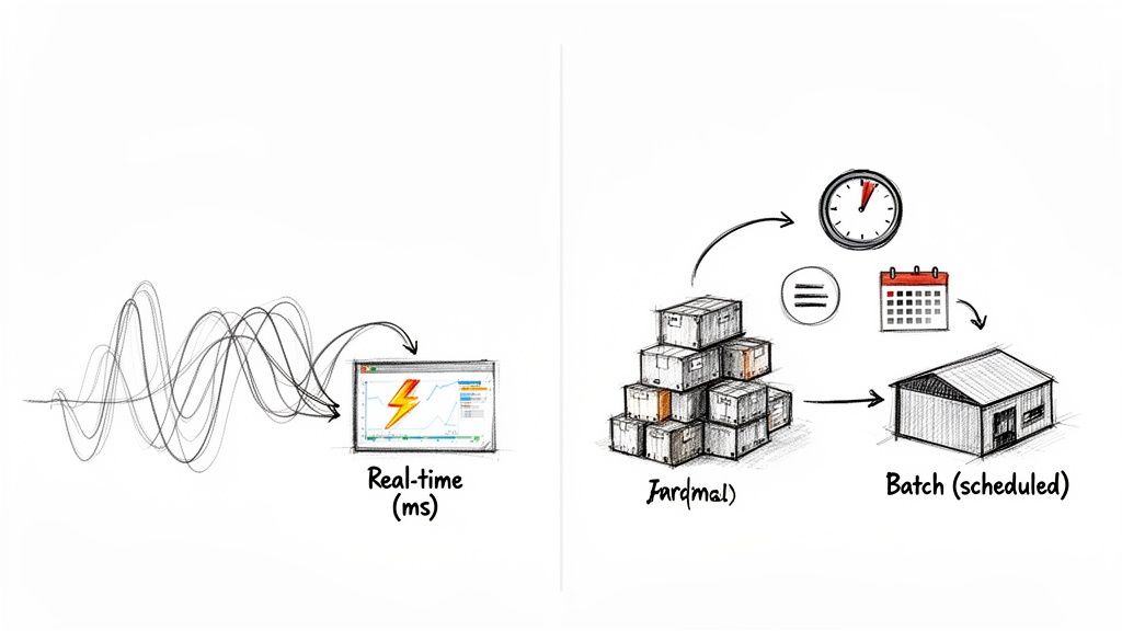 Diagram illustrating the difference between real-time data processing (milliseconds) and scheduled batch processing.