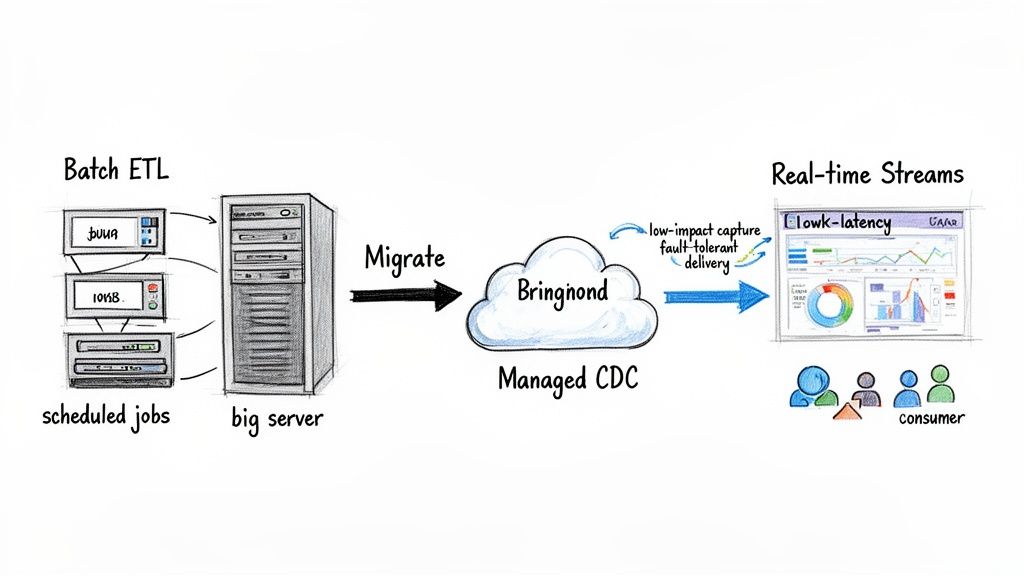 Diagram showing data migration from batch ETL on a big server to real-time streams via managed CDC.