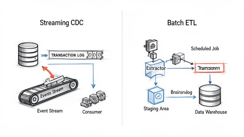 Diagram illustrating the differences between real-time streaming CDC and traditional batch ETL data processing.