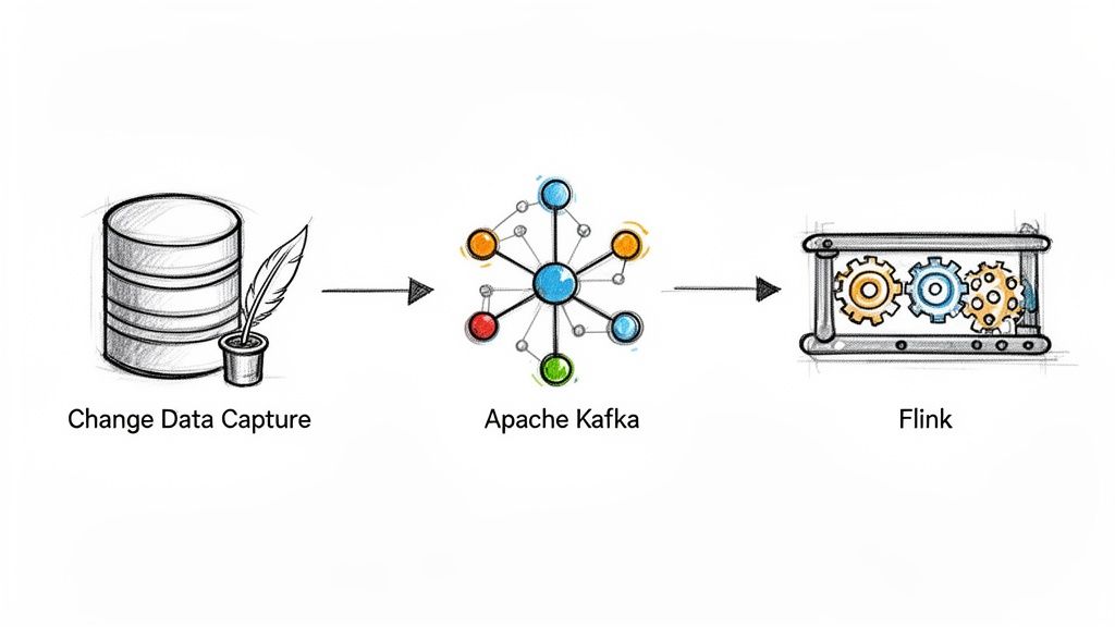 Data pipeline illustrating change data capture flowing through Apache Kafka to Apache Flink for stream processing.