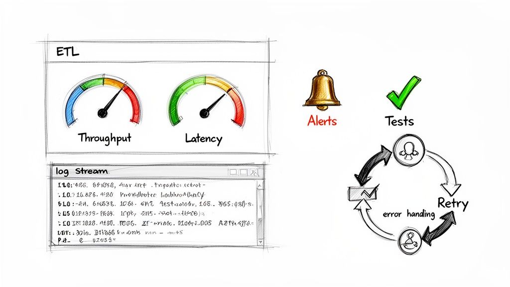 Dashboard displays ETL metrics, log stream, alerts, tests, and an error handling retry cycle.