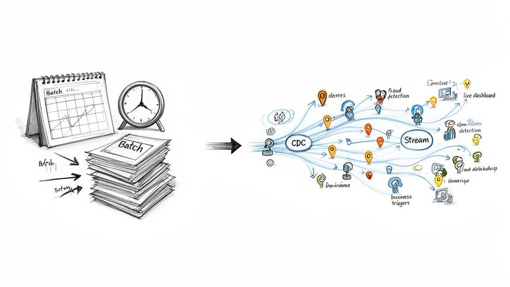 Diagram illustrating the transformation from traditional batch data processing to real-time stream processing with Change Data Capture (CDC).