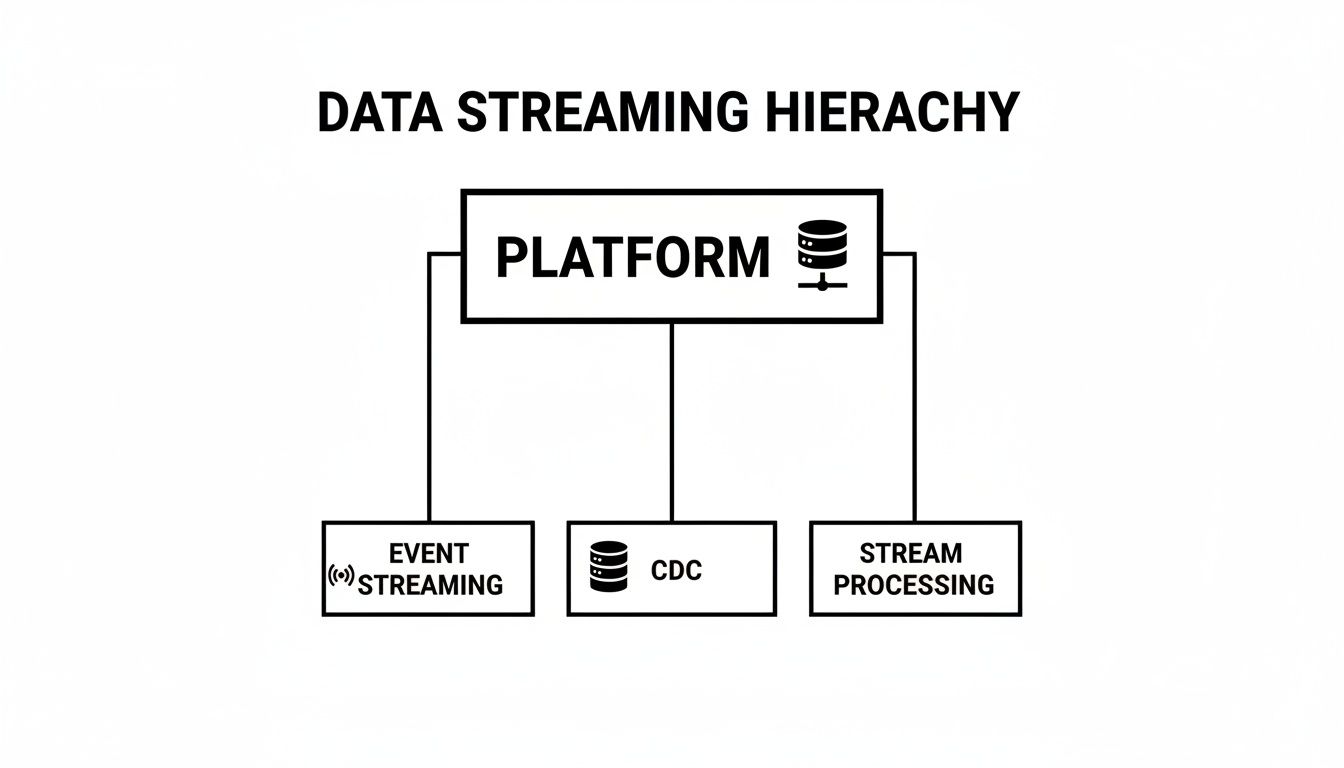 Data streaming hierarchy diagram illustrating a platform with event streaming, CDC, and stream processing.