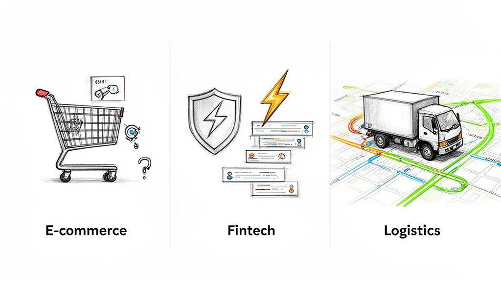 Sketches depicting e-commerce (shopping cart), fintech (shield, lightning), and logistics (delivery truck on map).
