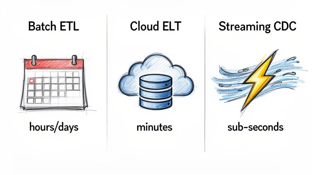 Visual comparison of Batch ETL (hours/days), Cloud ELT (minutes), and Streaming CDC (sub-seconds) data integration methods.
