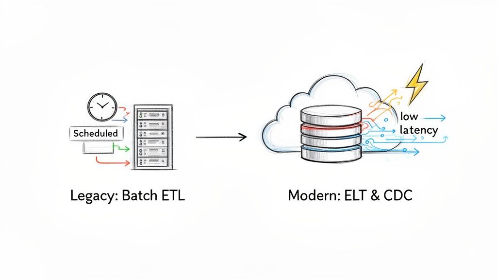 Visual comparison of scheduled batch ETL to modern low-latency ELT and CDC data pipelines.