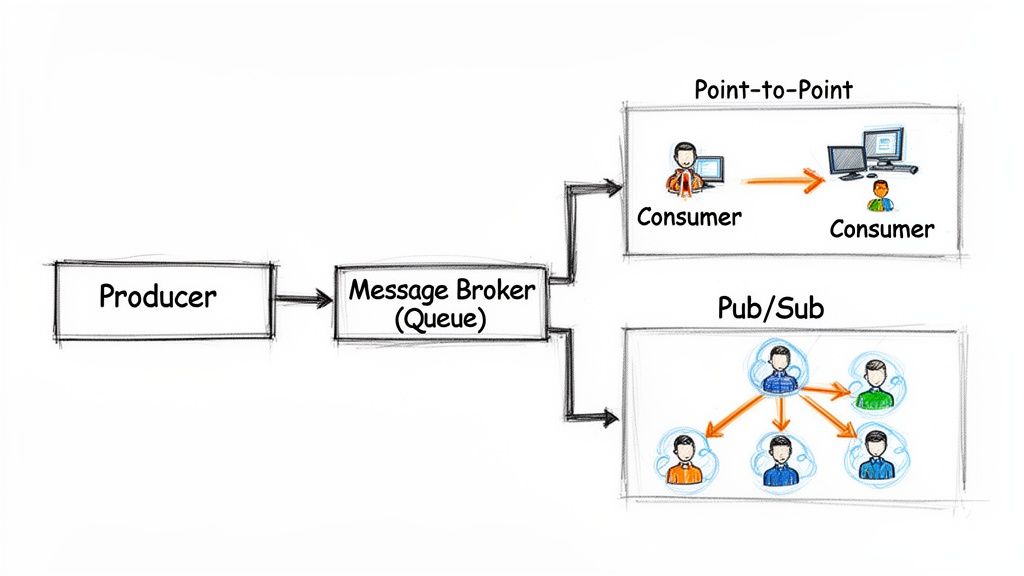 Diagram illustrating message queuing patterns: producer, message broker, point-to-point, and pub/sub.