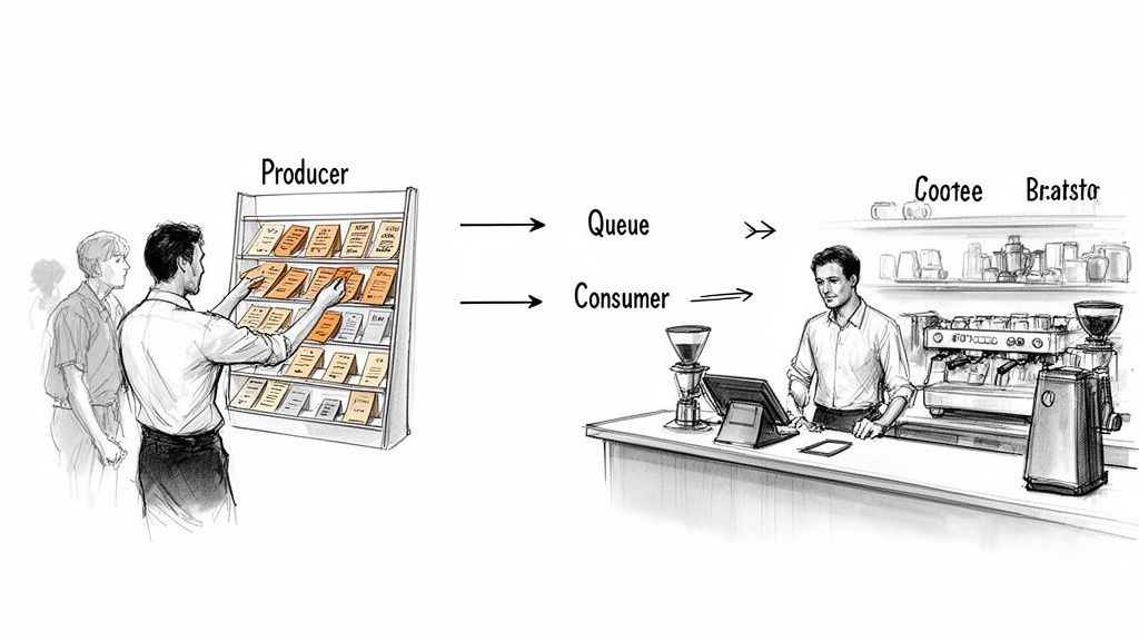 Illustration showing a producer adding items to a queue, which are then processed by a consumer (barista).