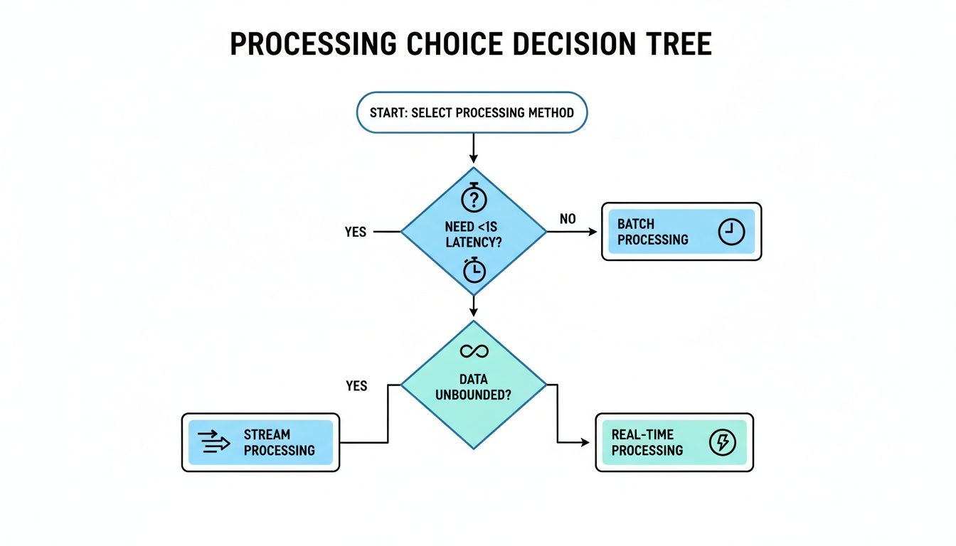 A decision tree diagram illustrating the choice between batch, stream, and real-time data processing methods.
