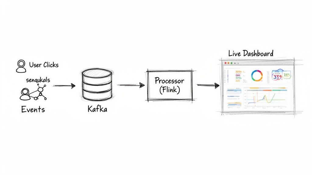 A data pipeline diagram showing user clicks and events flowing into Kafka, processed by Flink, and visualized on a live dashboard.