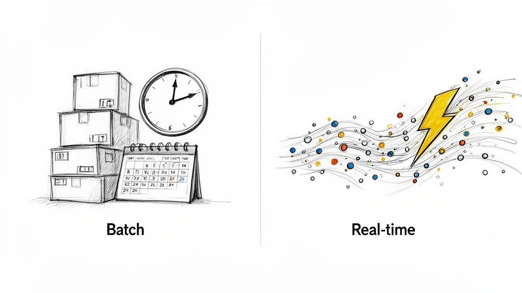 Illustration contrasting batch processing with boxes, clock, and calendar, versus real-time processing with a lightning bolt and data streams.
