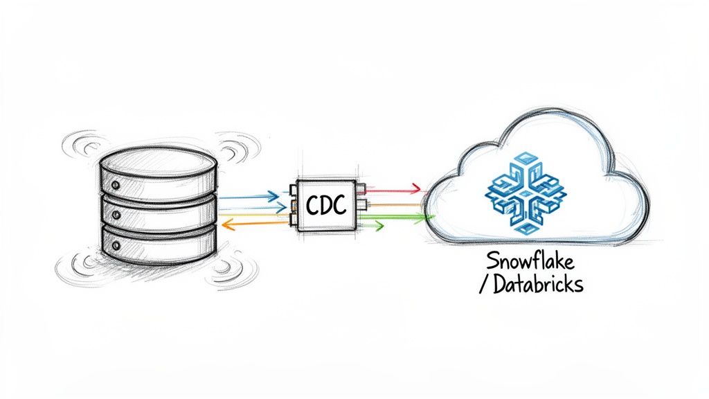 Illustration of Change Data Capture (CDC) integrating a database with Snowflake/Databricks for real-time data processing.