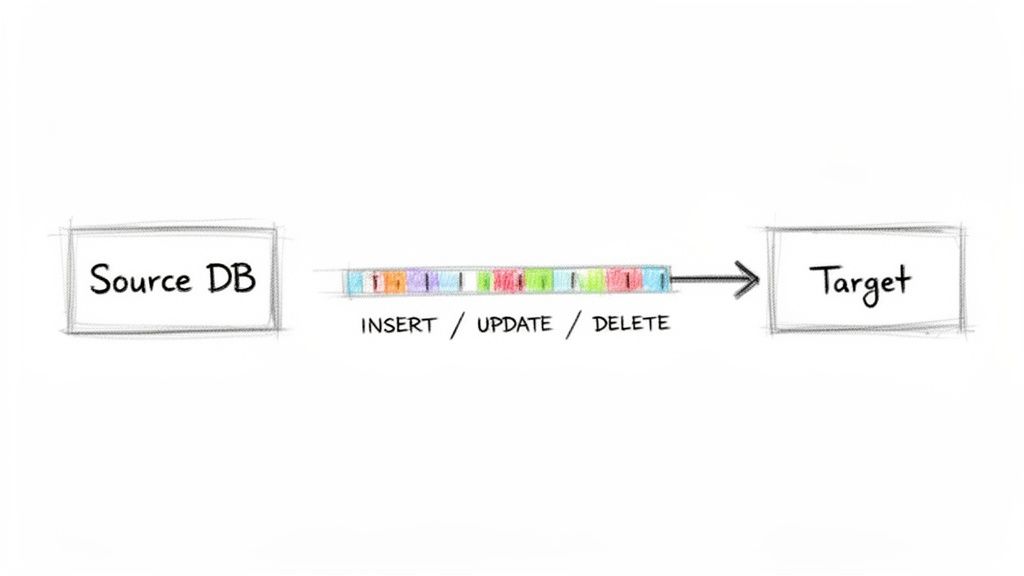 Diagram illustrating data changes (insert, update, delete) moving from a Source DB to a Target system.