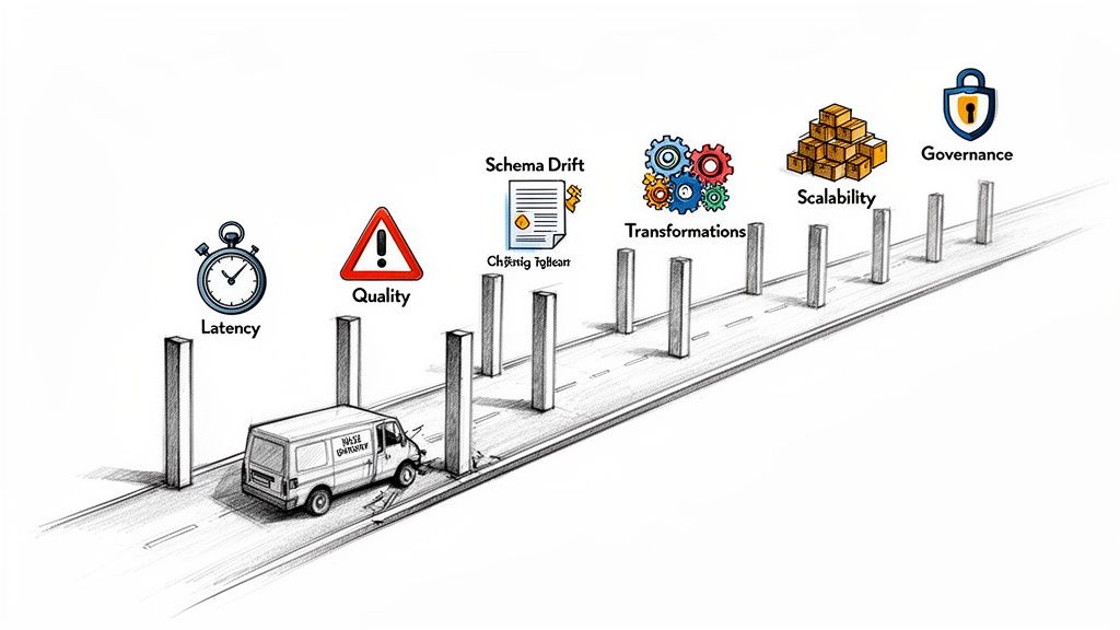 A delivery van crashes into barriers representing data integration challenges like latency, quality, schema drift, and scalability.