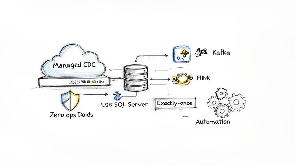 Data architecture diagram illustrating managed CDC with SQL Server, Kafka, Flink, and automation.