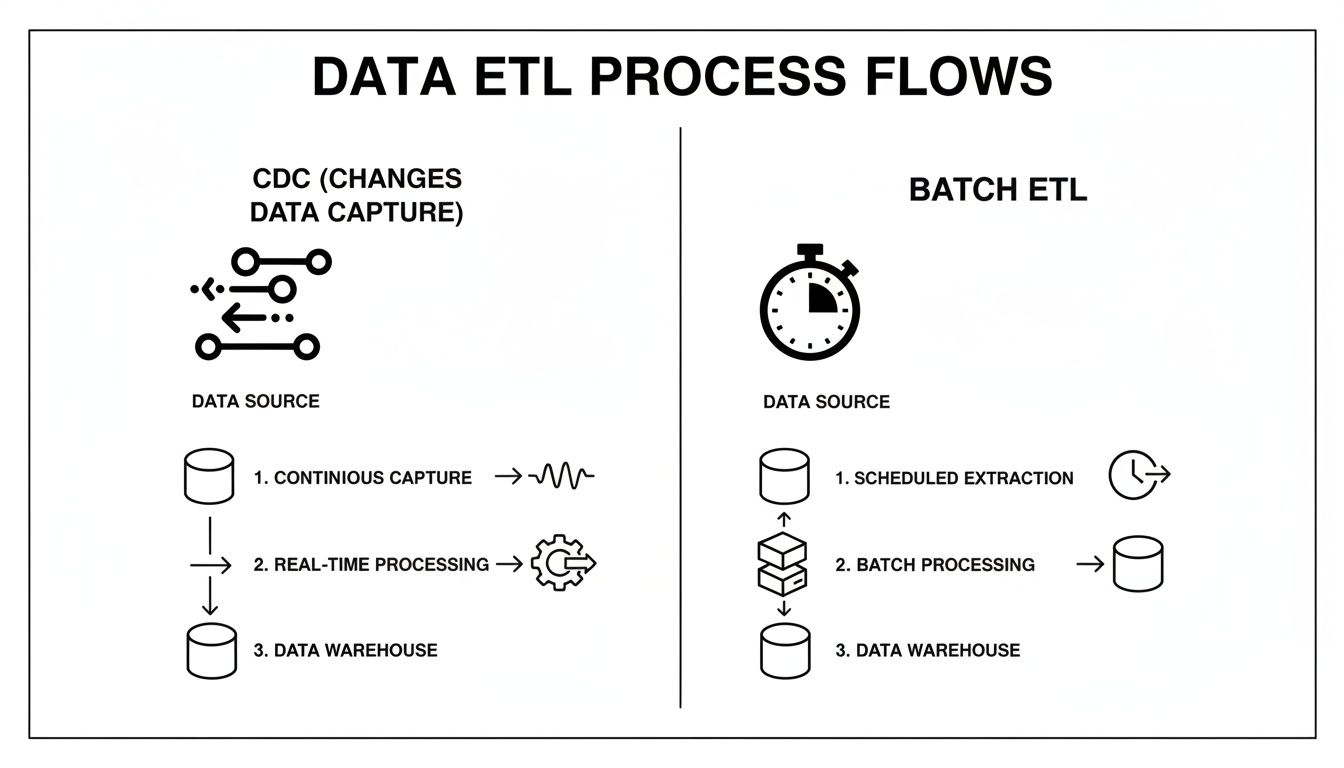 Diagram illustrating CDC (Changes Data Capture) and Batch ETL data processing flows into a data warehouse.