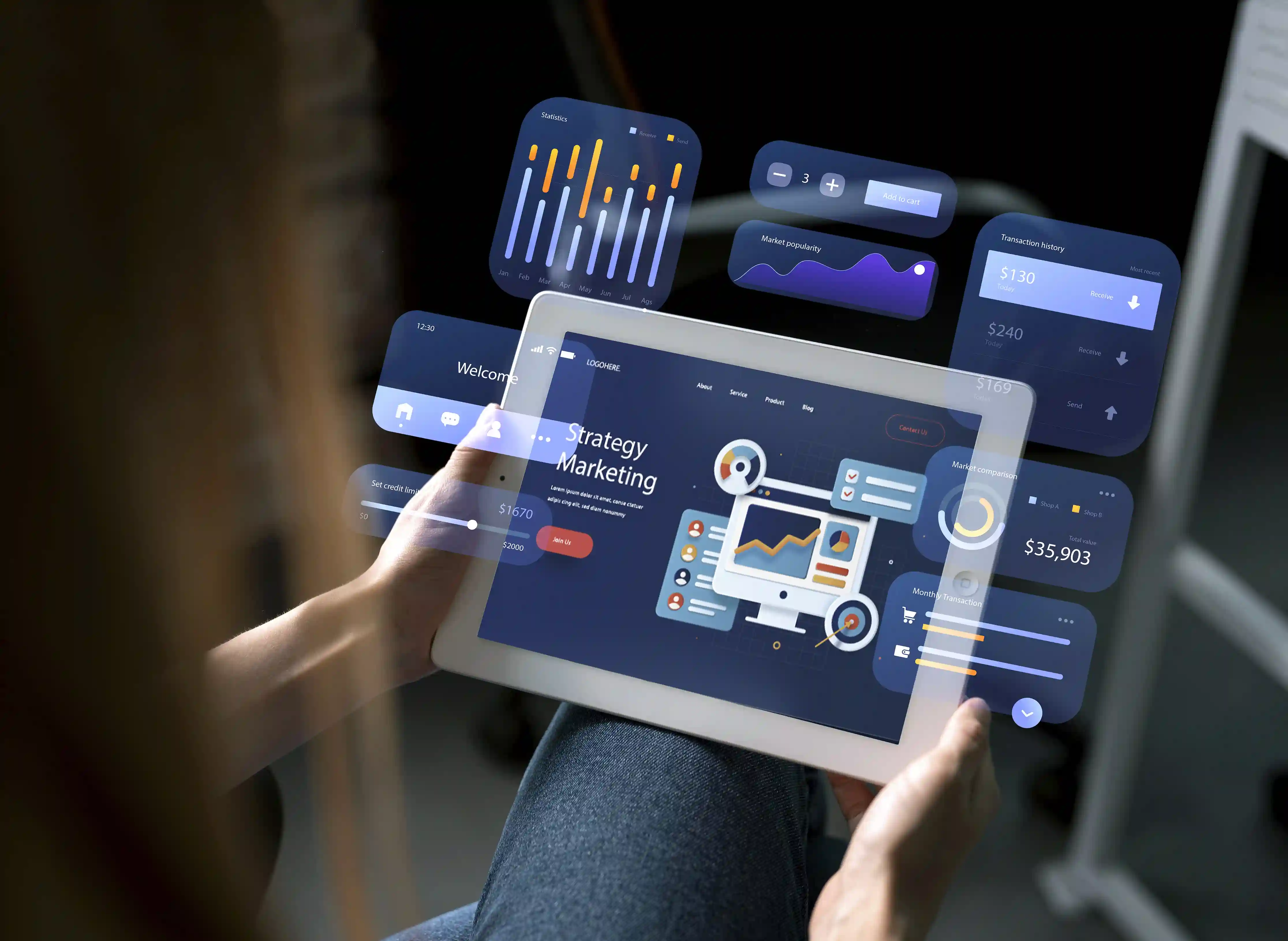 Entrepreneur presenting an interactive digital-first pitch deck on tablet