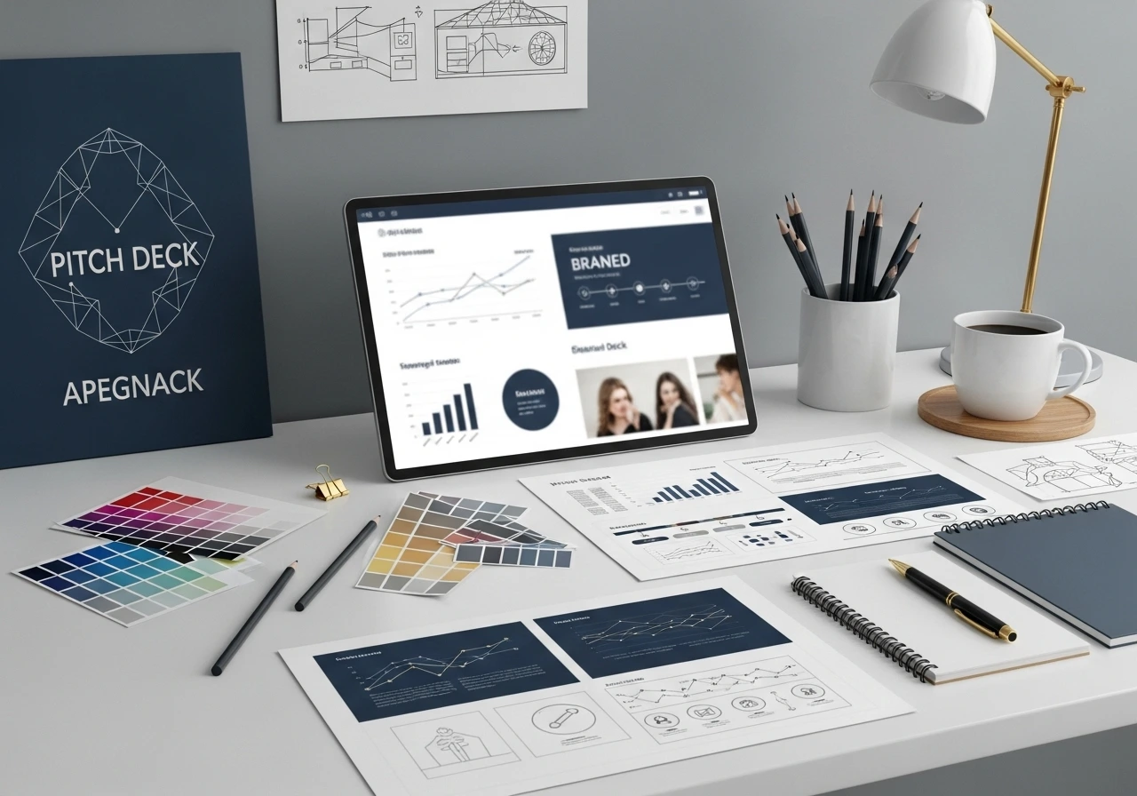 Creative team at a pitch deck design agency developing investor presentation slides