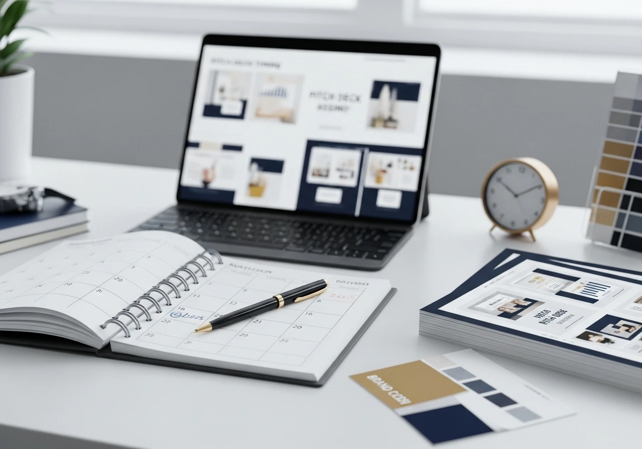 Startup founder consulting with a pitch deck design agency before investor presentation