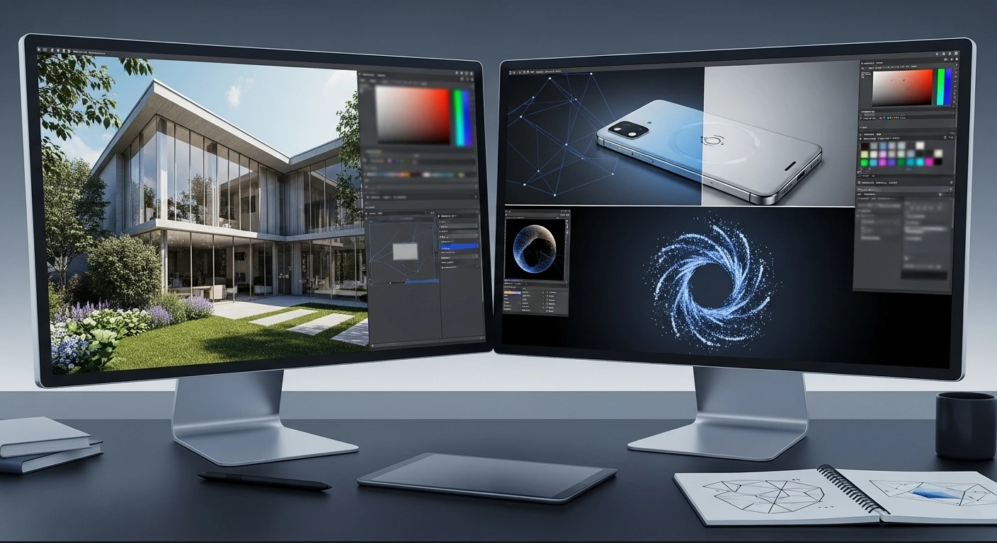 Gallery of different types of 3D renderings including interior, exterior, and aerial views